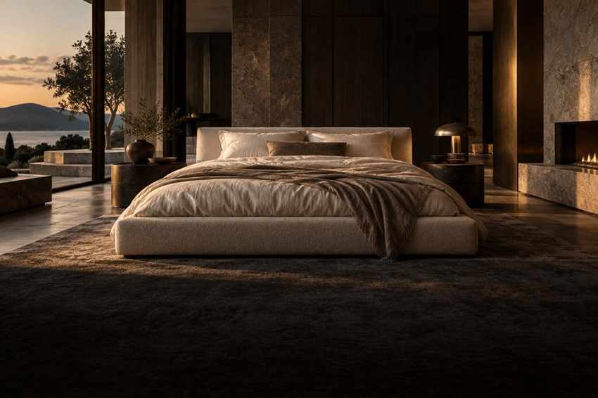 Quarto sereno com cama ampla ao entardecer; imagem ilustrativa